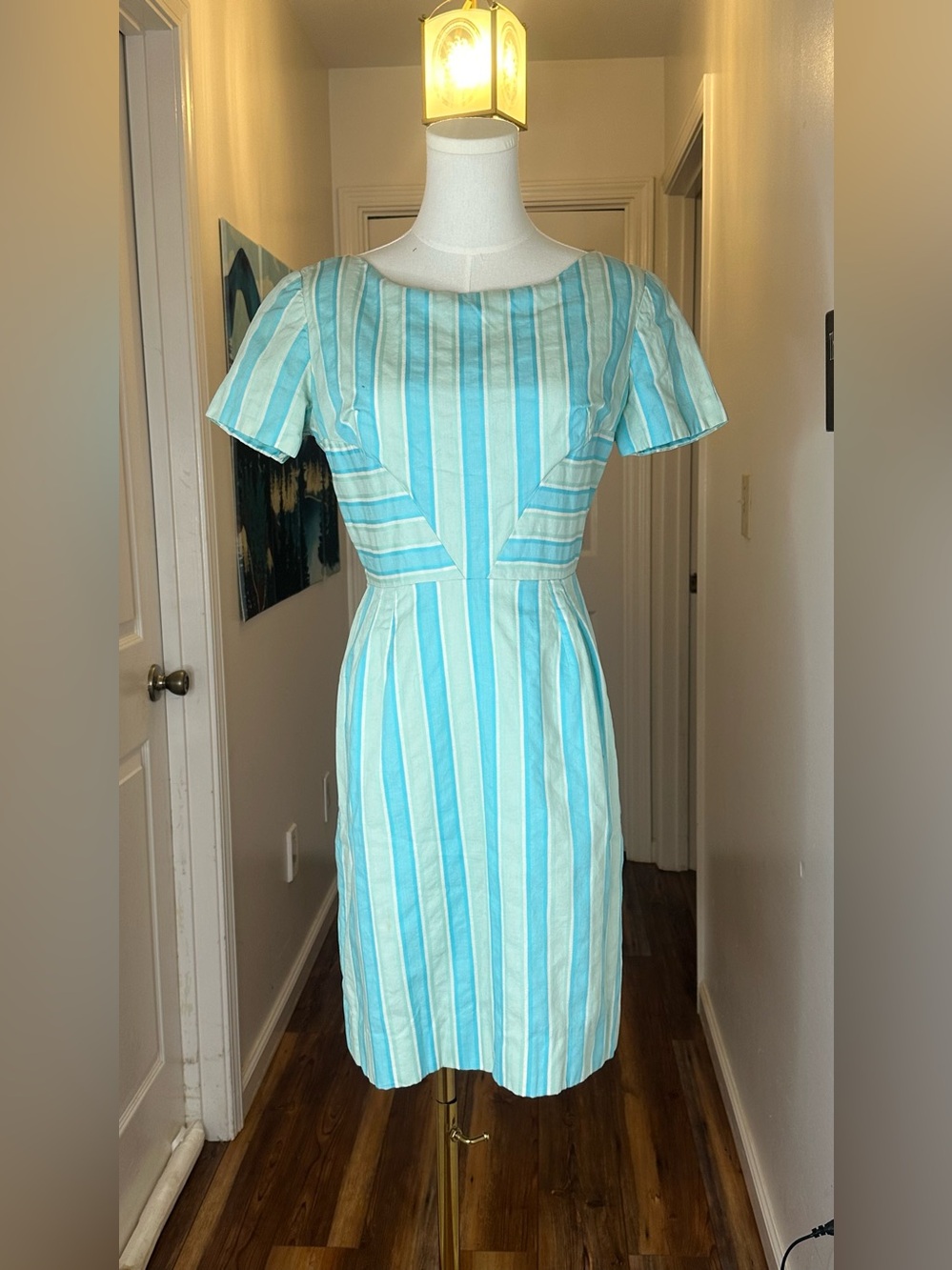 1950/1960 Antique Striped Aqua Mini Dress with Fitted Waist Small 2/4